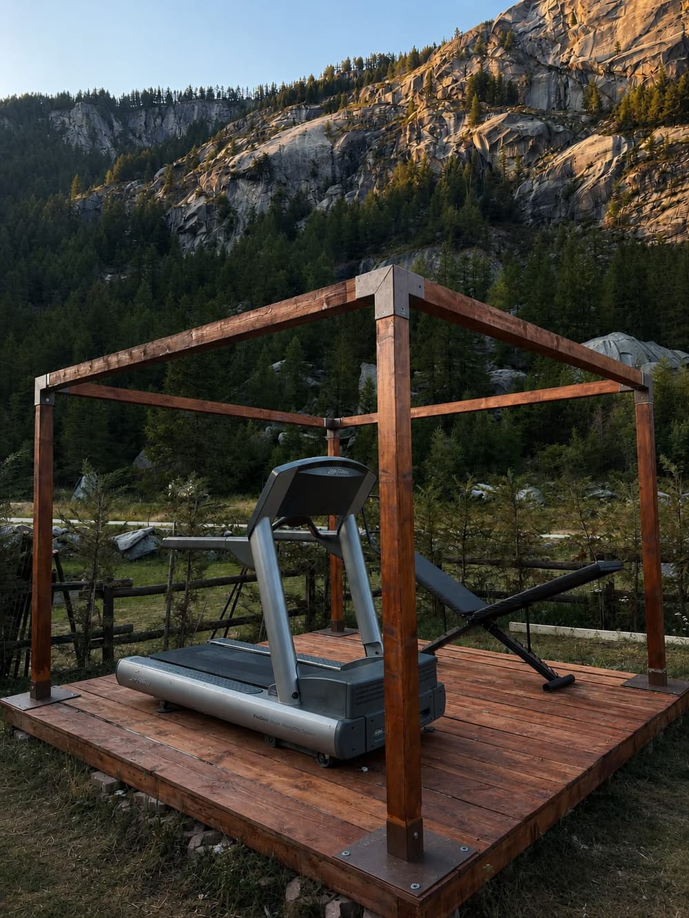 Tapis roulant professionale su pedana con pergola e montagne