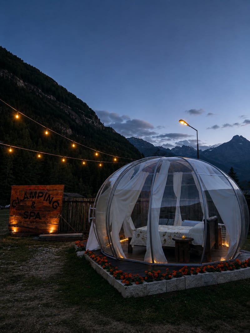 Bolla glamping al crepuscolo con insegna e montagne