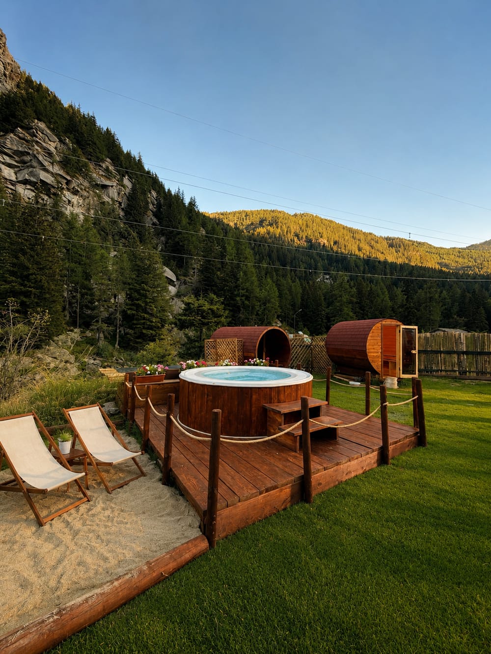 Vasca idromassaggio e sauna a botte su pedana con vista sulle montagne